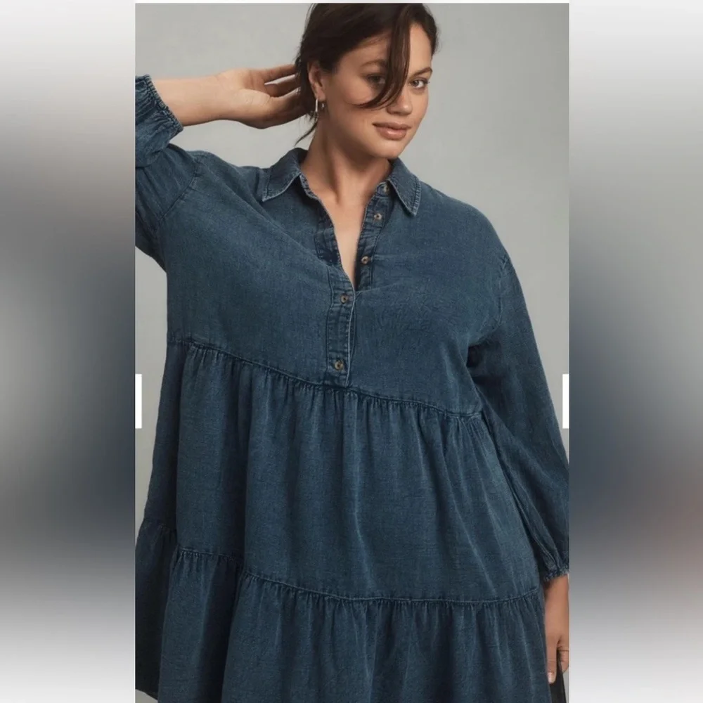 Anthropologie The Bettina Tiered Mini Shirt Dress Denim Button Pockets Blue - Picture 4 of 8